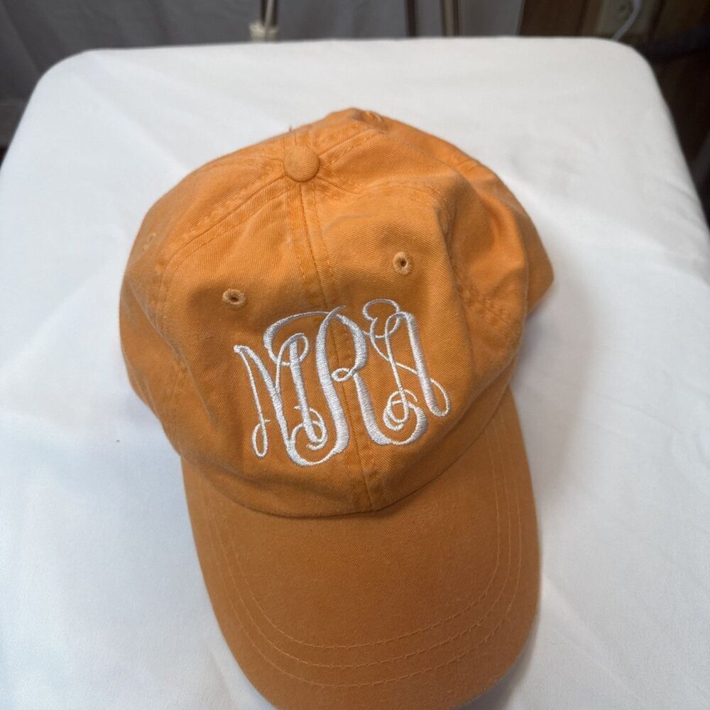 Orange Monogram Hat M A R In White Cursive Font